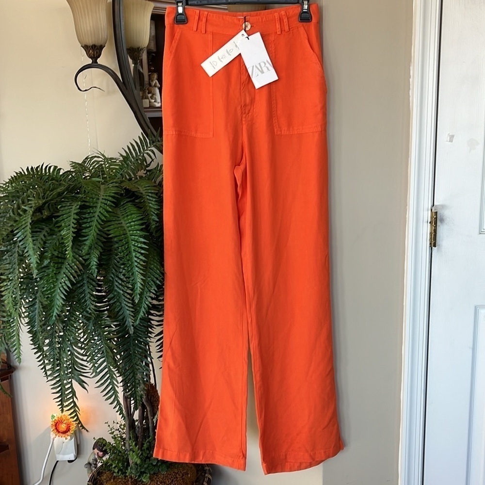 Brand New Zara Orange Trousers Tencel Lyocell Pants High Waist Straight Leg